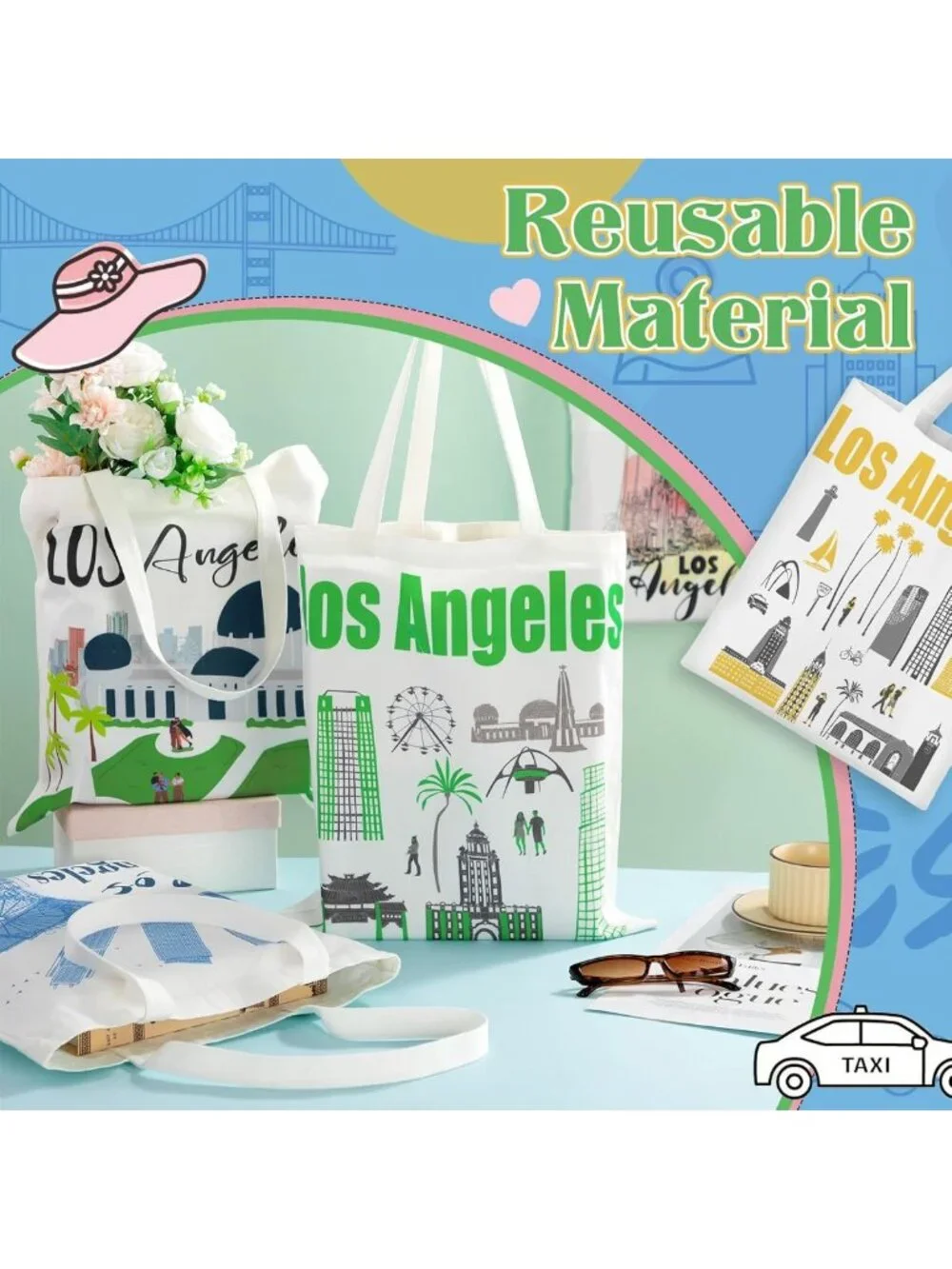 6-Piece Watercolor Los Angeles Canvas Tote Bags | Souvenir Gift for Women